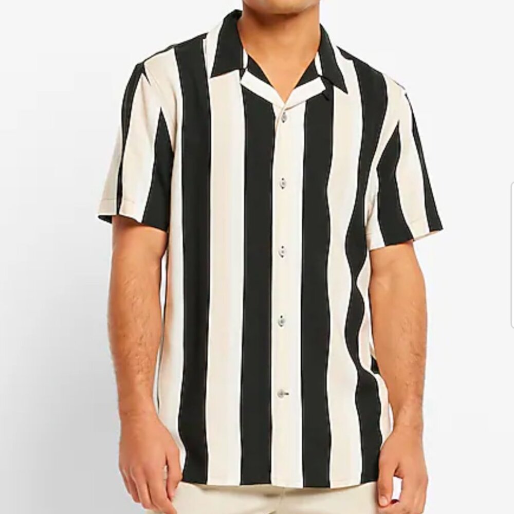 Men's EXPRESS Striped Rayon Short‎ Sleeve Shirt Navy/White | Size Large
